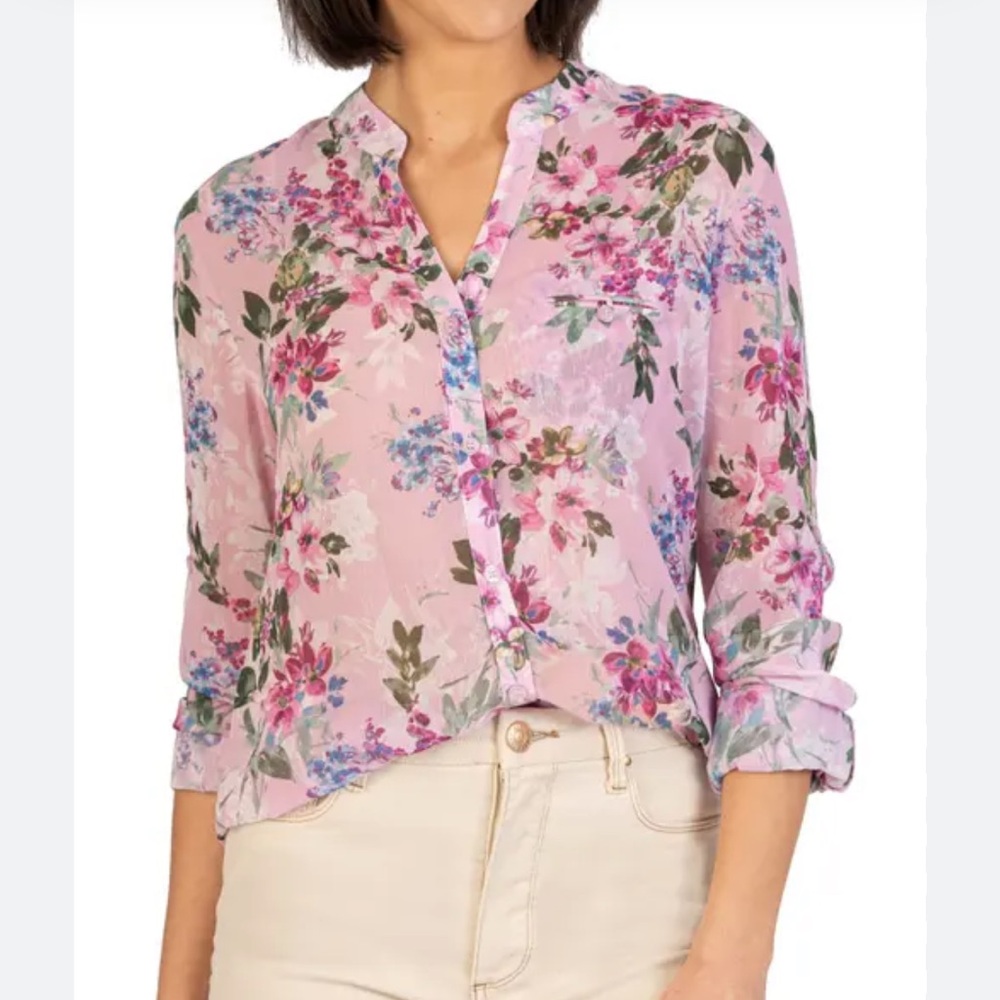 KUT from the Kloth Jasmine Chiffon Button-Up Shirt in Quartu-Light Pink🌸🌸🌸🌸